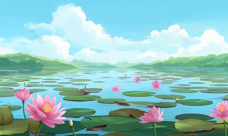 绿色的荷花池塘和蓝色白云天空风景,插画/手绘图,插画/手绘图库,插画/手绘图下载,插画/手绘